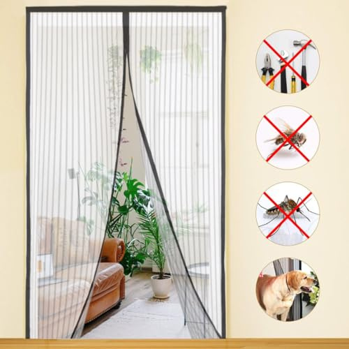 Mosquitera magnética para Puerta Negra y Blanca, varias Medidas, Cortina antimosquito de Malla, Cierre automático con imanes, Mantiene el Aire Fresco (90 * 200cm, Negro)