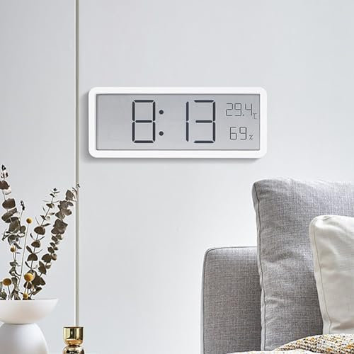 Lioaeust Reloj de Pared, Pantalla LCD, Ajuste Horario De Verano, Hora, Temperatura, Humedad, Alimentación por USB o batería, 20.2x2x8CM Reloj Electrónico para Dormitorio, Cocina (Blanco)
