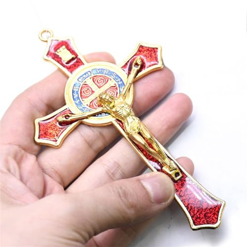 Heiliger Benediktiner, rote Emaille, 11,9 x 7,9 cm, Schutzwand, Kruzifix, Kreuz, katholisches San Benito, Medalla, Gebetsdekoration