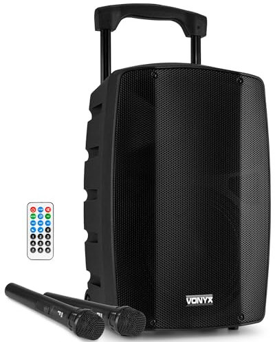 Vonyx VSP200 Enceinte Sono Portable 200 Watts, Enceinte Active Bi-Amplifiée, 2 Micros sans Fil, Poignées et roulettes de Transport, Idéale pour Vos Événements Pro, Karaoké, Fêtes en Extérieur