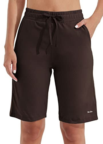 WILLIT Pantaloncini da donna in cotone, pantaloni lunghi da yoga, lunghezza al ginocchio, per allenamento estivo, 10, con tasche, Caffeina, L