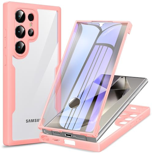 Phoona 360 degrés Coque pour Samsung Galaxy S24 Ultra 5G avec Transparent Protection d'écran, TPU Silicone Antichoc écran Coque, Anti-Rayures Intégrale Étui Housse pour Samsung S24 Ultra 5G, Rose
