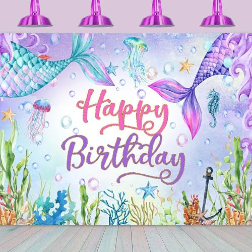 Hnmdmyi 7x5FT Mermaid Backdrop Under The Sea Blue Purple Mermaid Tails Happy Birthday Photography Background Girl Princess Little Mermaid Birthday Party Decorations Banner Photo Booth Props