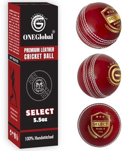 ONEGlobal Select Leather Cricket Ball for Match, Practice & Training | Senior 5.5oz & Junior 4.75oz Genuine Leather Hard Cricket Balls in Red, White, Pink or Red&White