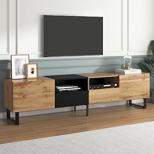 Rtopsu Mobile TV, Tavolo TV Basso per TV Fino a 85 Pollici, Scaffale TV con 2 Ante e 2 Cassetti Contenitore per Soggiorno Sala da Pranzo Camera da Letto, 190x38x48 cm, Legno, Natura