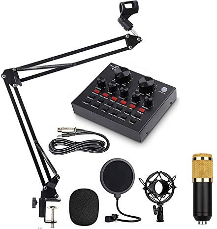 Microphone Kits with Filter V8 Sound Card Condenser Microphone Bundle Record Ktv Karaoke Smartphone Microphone with Adjustable Scissor Arm Stand Shock Mount