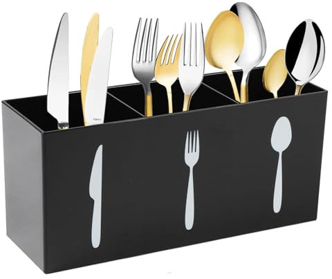 Gzsekken Kitchen Utensils Holder Black Utensil Holder Acrylic Cutlery Holder with 3 Storage Compartments Kitchen Utensils Organiser Cutlery Caddy Cooking Tools Storage for Countertop