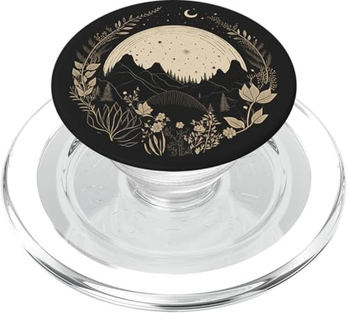 Retro Bohemian Hippie Minimal Dark Black Beige PopSockets PopGrip for MagSafe iPhones with MagSafe Clear Floral Nature Mountain Moon Hiking Camping Phone Grip