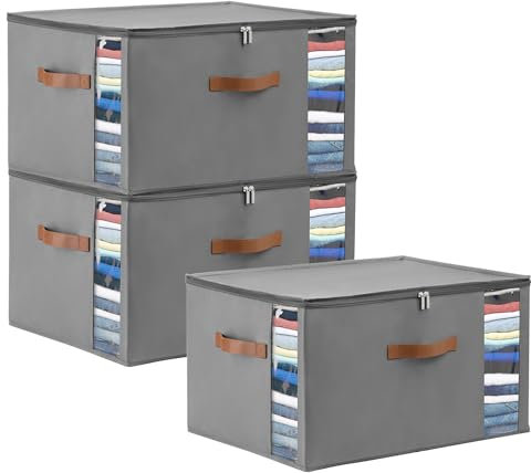 WELTRXE 3 Pack 90L Storage Boxes with Lid, Zip, Foldable Wardrobe Storage Organiser, Oxford Fabric Moving Bag for Clothing, Bedding, Blanket, Duvet, Grey