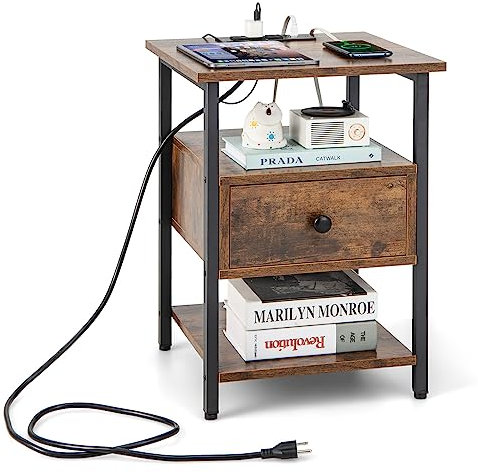 COSTWAY 1 Mesita de Noche con Estación de Carga, Mesilla de Noche con Estantes y Cajón, Mesa Auxiliar Moderno Dormitorio Salon Sofa, 40 x 40 x 55 cm, Marrón Rústico (1)