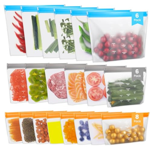Cexovo 20 Stück Gefrierbeutel,Wiederverwendbar Silikonbeutel Stand Boden Design Zipper Lebensmittel-Beutel für Aufbewahrung von Gemüse Früchten Snacks Sandwich Lebensmittel Beutel für die Reise