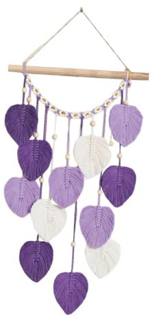 Qianly Makramee-Wandbehang, gewebter Wandteppich, minimalistisch, Moderne Wanddekoration, Blattquasten, Boho-Wandteppich für das Wohnzimmer zu Hause, Lila