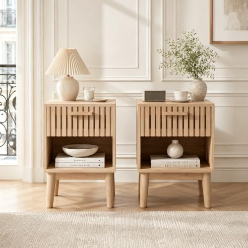 YGHQAP Lot de 2 Table de Chevet en Bois Table d'Appoint avec 1 Tiroir Bohème Commode de Chevet avec Compartiment Scandinave Tablede Nuit pour Salon, Chambre, Bureau, Naturel