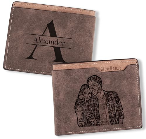 Easycosy Portefeuille Homme Personnalisé -Cadeau Papa Fete des Peres Porte Monnaie Personnalisable avec Photo et Nom Gravés Porte-Cartes en Cuir pour Mari Petit Ami Papa Homme Cadeau Anniversaire