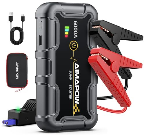 AIMAPOW Starthilfe Powerbank 6000A 12V (All Benziner/10,0L Diesel) Auto Starthilfe mit LED-Taschenlampe, großen Bildschirm, Jumper Bildschirm, Autobatterie Booster für SUV Motorrad Rasenmäher