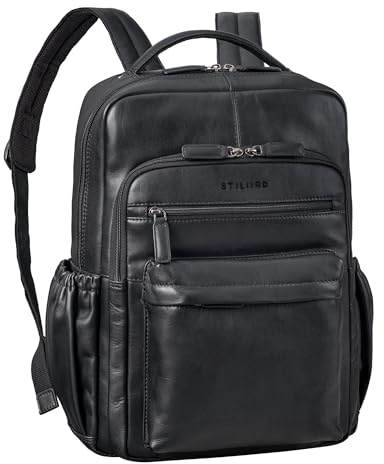 STILORD Hiro Rucksack Herren Arbeit Leder Damenrucksack Modern Groß - Laptoprucksack 15.6-16 Zoll Arbeitsrucksack für Büro Reise Uni - Herrenrucksack aus Echtleder Farbe:schwarz