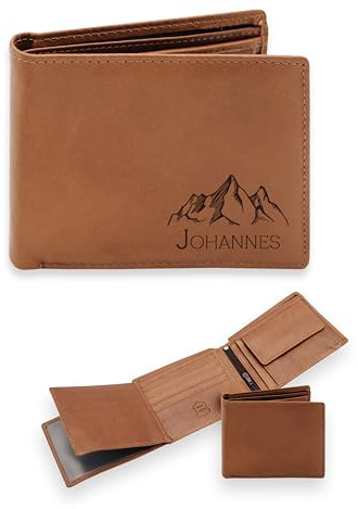ABENTEUERNAH Geldbörse Herren Leder, personalisiertes Portemonnaie Name | Geldbeutel für Papa als Geschenk zum Vatertag und Geburtstag, kleiner Kartenhalter mit Gravur Berge oder Hirsch Motiv
