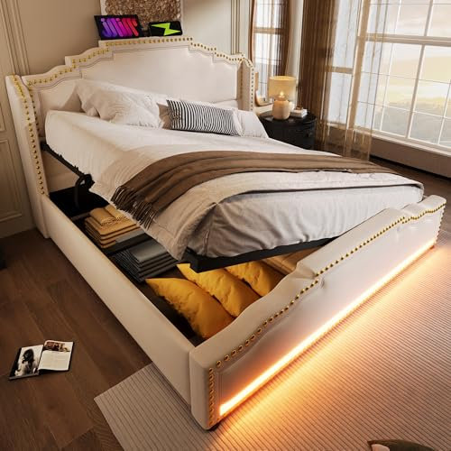 Dolamaní Doppelbett 140x200 cm mit hydraulischem Stauraum, Polsterbett mit LED-Beleuchtung und LED Licht Samt, Vintage-Bett mit Kopfteil in Nietenoptik, Beige