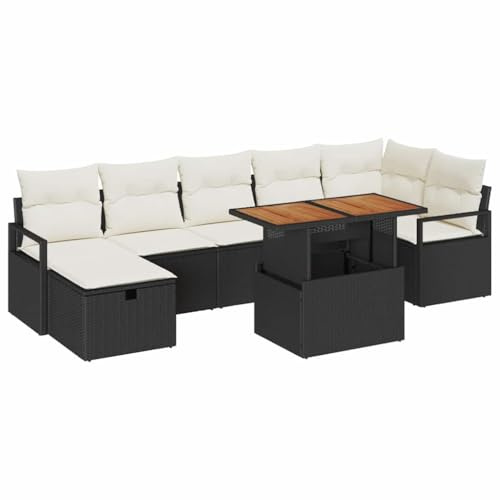 vidaXL Garten-Sofa-Set mit Kissen 8 pcs Schwarz Poly Rattan, Garten und Terrasse, Modern, Verstellbare Füße, Modularer Sofaset, Gartenmöbel, Wetterbeständig, Lounge-Kollektion