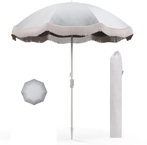 Strandschirm, Fransenschirm, 180 cm, tragbarer Sonnenschirm mit Fransen für den Außenbereich, mit Tasche