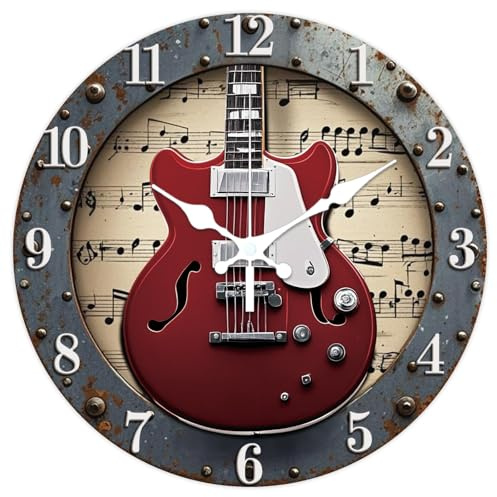CHGCRAFT 3D Industrial Style Guitar Pattern Wall Clock 12 Inch Non-Ticking Clocks Round Sheet Music Pattern Wall Hanging Clock Battery Operated for Bedroom Living Room Kitchen Office