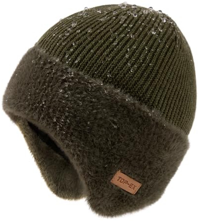 TOP-EX Winter Mütze mit Ohrklappen Wollmütze für Männer Fleece gefüttert wasserdicht warm kaltes Wetter Outdoor Thermo gestrickte Schnee Geschenke Große Größe Armee Grün Mittel Groß M L