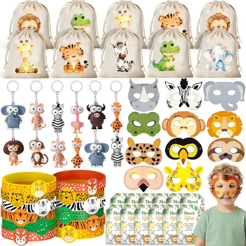 G.C Dschungel Tiere Party Mitgebsel Kindergeburtstag Gastgeschenke mit Tiermasken Schlüsselanhänger Silikonarmband Dankeskarte Tiermuster Geschenktüten Safari Geburtstag Give Aways Jungen Mädchen