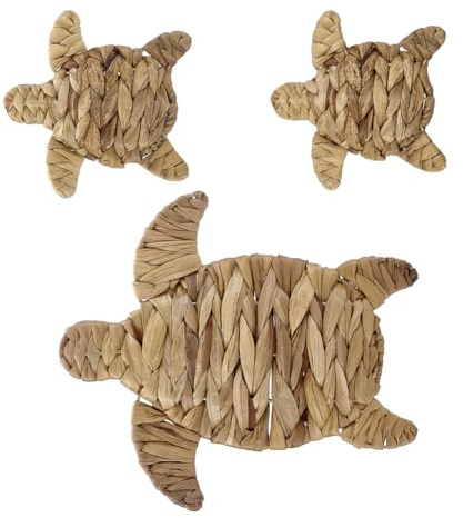 AHANDMAKER 3Pcs 2 Sizes Turtle Beach Theme Decor, Straw and Iron Sea Life Hanging Wall Art Ocean Animal Theme Ornaments for Indoor Outdoor Bathroom Garden Decorations Photography Prop
