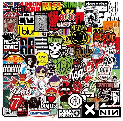 ParPix 100 Stk Rock Band Punk Aufkleber, Groß 5cm Rock Sticker, Wasserfeste Classic Rocko Band Sticker, Cool Rocks Roll Aufkleber,Rocks and Roll Stickers für Auto Motorräder Scooter Laptop Koffer Helm