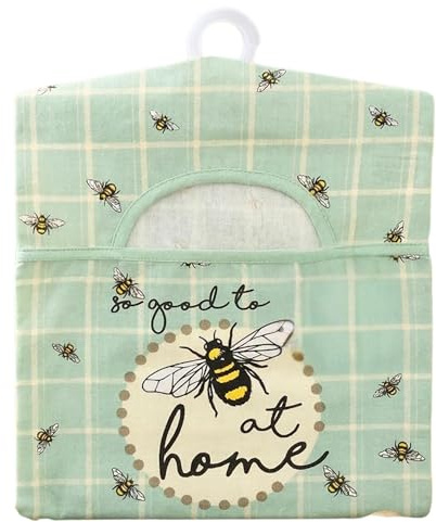 B4E 100% Cotton Peg Bags with Double Hanger, 4 Variants, Bee Countryside Wildlife Farmhouse Designs, Spacious Storage for Clothes Pegs (Bee Check Design)