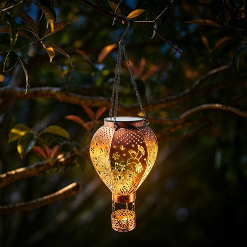 Solar Heißluftballon Laterne für Außen, LED Metall Hängelaterne mit Flammen-Licht, IP65 wasserdicht, Solarleuchte für Garten Balkon Terrasse Hof, Bauernhaus Hochzeit Weihnachten Deko