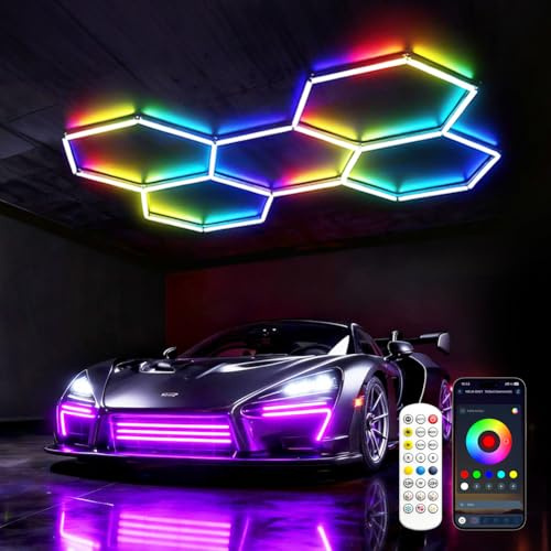 DIKHEE LED Deckenleuchte Dimmbar RGB Farbwechsel Deckenlampe mit Fernbedienung 216W Garagenlampe LED 5-Hex RGB LED Panel Deckenbeleuchtung für Garage, Werkstatt, Lager, Keller, Fitnessstudio