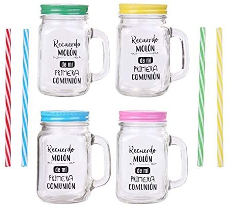Lote de 20 Jarras Cristal Con Caña RECUERDO MOLÓN SURTIDO EN COLORES - Jarras con Frases, tazas originales para Detalles, recuerdos y regalos de Comuniones