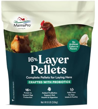 Manna Pro Layer Pellets Chicken Feed, 16% Protein Complete Feed for Laying Hens with Probiotics for Digestive Health, Nutrient-Rich Chicken Food Pellets for Egg Production, Made in USA, 8 lb Bag