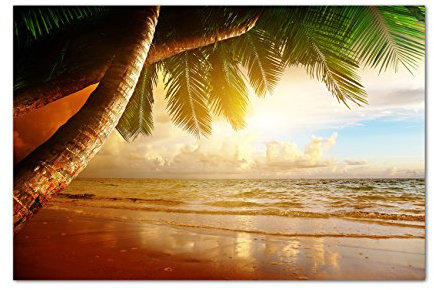 120x80cm - Fotodruck auf Leinwand und Rahmen Karibik Strand Palmen Sonnenaufgang - Leinwandbild auf Keilrahmen modern stilvoll - Bilder und Dekoration