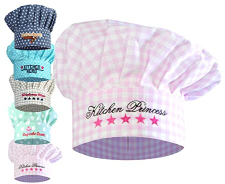 Gorro de Cocinero en Talla única o Cocina Delantal y manopla Disponible en 2 tamaños – para niños y niñas en 4 Variantes – liebevolles Diseño, 100% algodón, Kitchen Princess, Kinderkochmütze