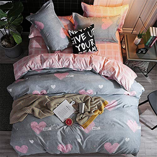 Morbuy Set Copripiumino Matrimoniale 240 x 220cm e 2 Federe, Copripiumino Reversibile Bambina in Microfibra con Motivo di Love Mountain e Tartan, Copri Piumone per Letto Matrimoniale, Rosa e Grigio