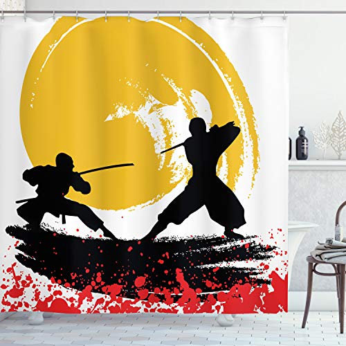 ABAKUHAUS japanisch Duschvorhang, Aquarell-Stil Ninja, Stoffliches Gewebe Badezimmerdekorationsset mit Haken, 175 x 220 cm, Vermilion Senf