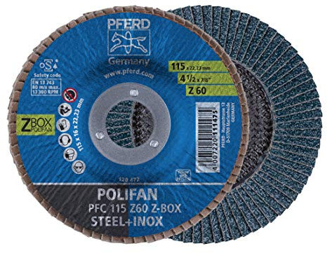 PFERD POLIFAN Fächerscheibe, 10 Stück | PFC 115x22,23mm konisch Z60 Start-Linie START STEELOX | 69300937 - für Stahl, Edelstahl (INOX)