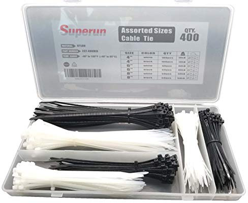 Superun Kabelbinder-Set, 400 Stück, verschiedene Größen, 10,2 cm, 15,2 cm, 20,3 cm, Mischpackung in Schwarz und Weiß