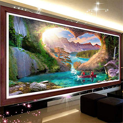RAILONCH 5D Diamond Painting, DIY Diamant Malerei Kits,Groß Heart Shaped Cave Landschaft Full Bohrer Diamond Kristall Strass Stickerei Bilder Wohnzimmer Dekor Wand (50x120cm)