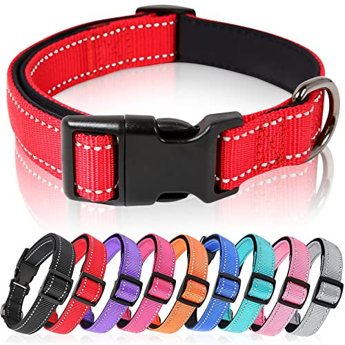 HEELE Hundehalsband, Hundehalsband aus Nylon, Reflektierend Halsband Hund mit Weich Neopren Gepolstert für Welpen Kleine Mittel Große Hunde Läng Einstellbereich 26-38cm, Rot, S