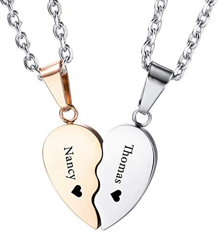 INBULE Personalisierte Herz Paar Halskette Set mit Wunschgravur von Name Datum für Damen Herren Pärchen Liebhaber Edelstahl Verstellbare Kette Liebevolle Beziehung Puzzle Anhänger(Roségold Faber)
