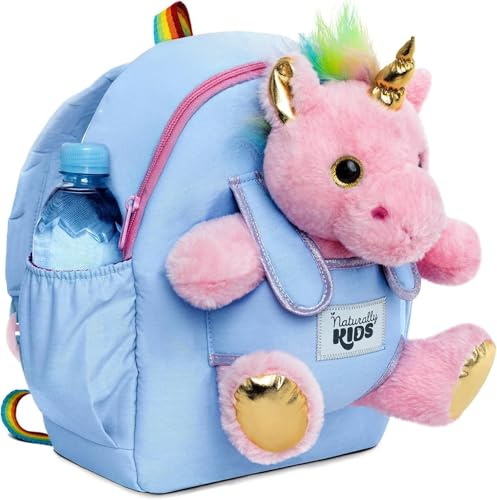 Naturally KIDS Toddler Backpack w. Plush Pink Unicorn Toy, Gift 5-7, Medium