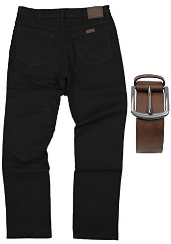 Regular Fit Wrangler Stretch Herren Jeans inkl. Texas Gürtel (Black + Brauner Gürtel, W42/L30)
