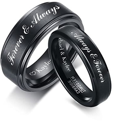 FLHEART Personalisierte Paare Ringe,Individuell Gravieren Name Schwarz Wolframcarbid Minimalist Band, Sein und Ihr Versprechen Verlobungsring Set für Herren Damen, Geschenke zum Valentinstag
