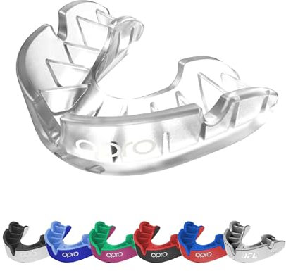 OPRO Silver Level Erwachsene und Kinder Sport Mundschutz mit Etui, Mundschutz mit revolutionärer Anpassungstechnologie für Hockey, Lacrosse, Rugby, MMA, Boxen und BJJ (Transparent, Jugendliche)