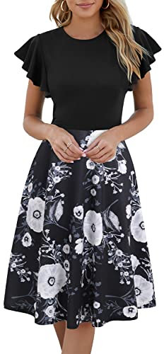 HELYO Damen Semi-Formal Rüschen Ärmel V-Rücken Work Fit und Flare Cocktail Hochzeit Gästekleid mit Taschen 842, Schwarz-floral-978, X-Groß