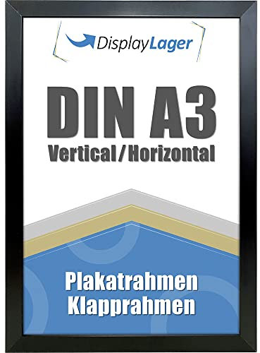 DisplayLager - Flat Profile Klapprahmen, Dünne 20mm Aluminium Profil, Entspiegelter Schutzscheibe, Befestigungsmaterial (Schwarz, A3)