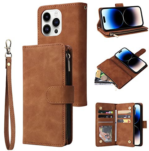 QLTYPRI Case for iPhone 14 Pro Max, Large Capacity Leather Wallet Case 6 Card Holder & 1 Zipper Pocket Kickstand Wrist Strap Magnetic Case for iPhone 14 Pro Max - Brown